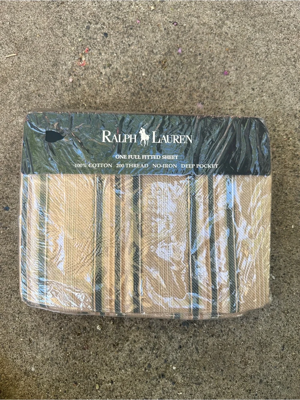NWT Ralph Lauren Merri Stripe Tan, Navy & Cream Striped Full Fitted Sheet